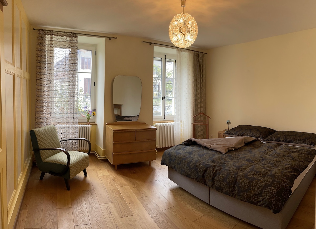 The bedroom features a spacious bed dressed in dark bedding, surrounded by two windows with sheer curtains allowing natural light. A wooden dresser and a mirror sit opposite the bed, alongside a comfortable armchair, adding to the room's functional layout.