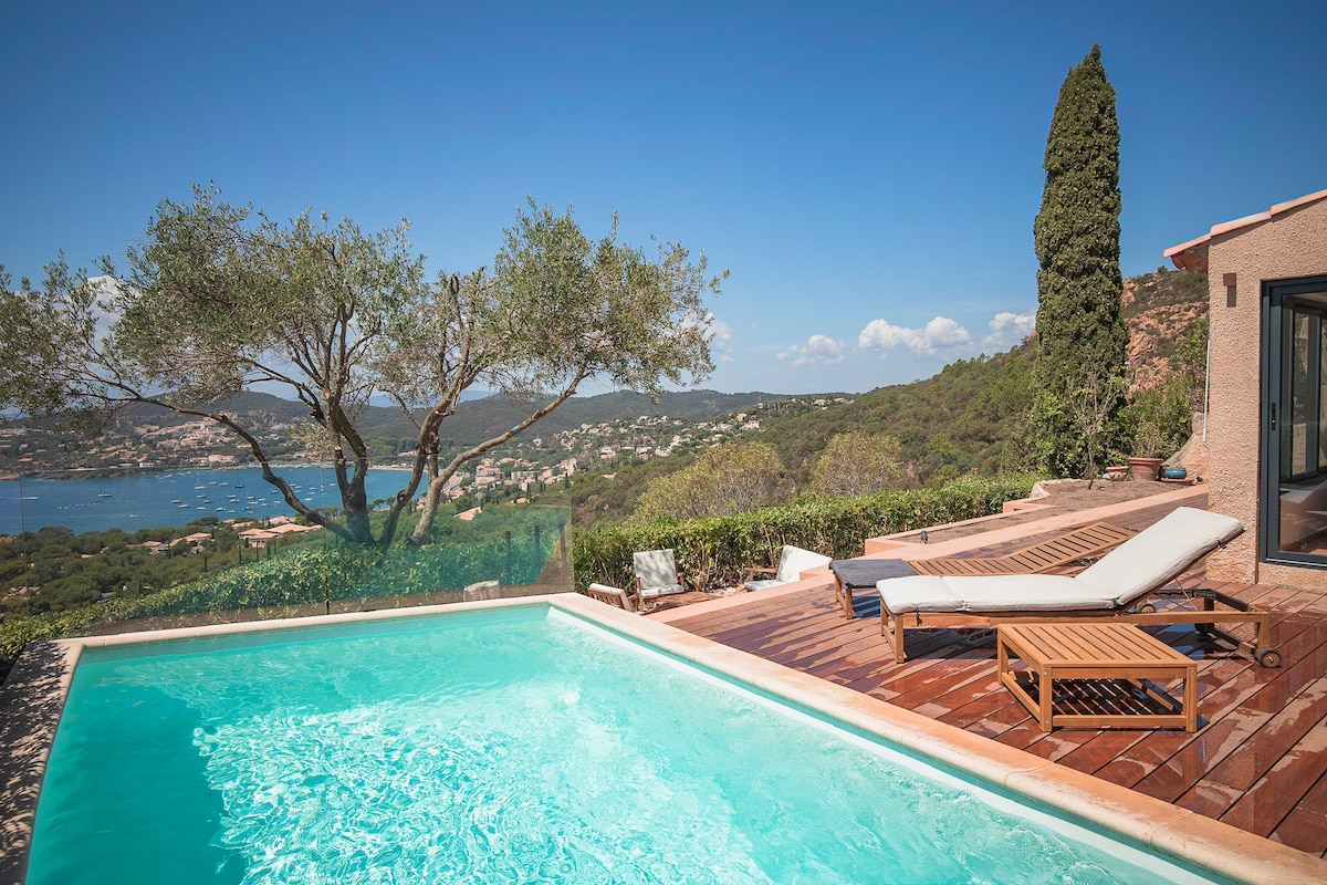 A serene view of the outdoor pool is framed by a landscaped terrace. A sun lounger is positioned beside the pool, offering relaxation with a panoramic backdrop of the bay and hills. Olive trees dot the landscape, enhancing the tranquil setting.