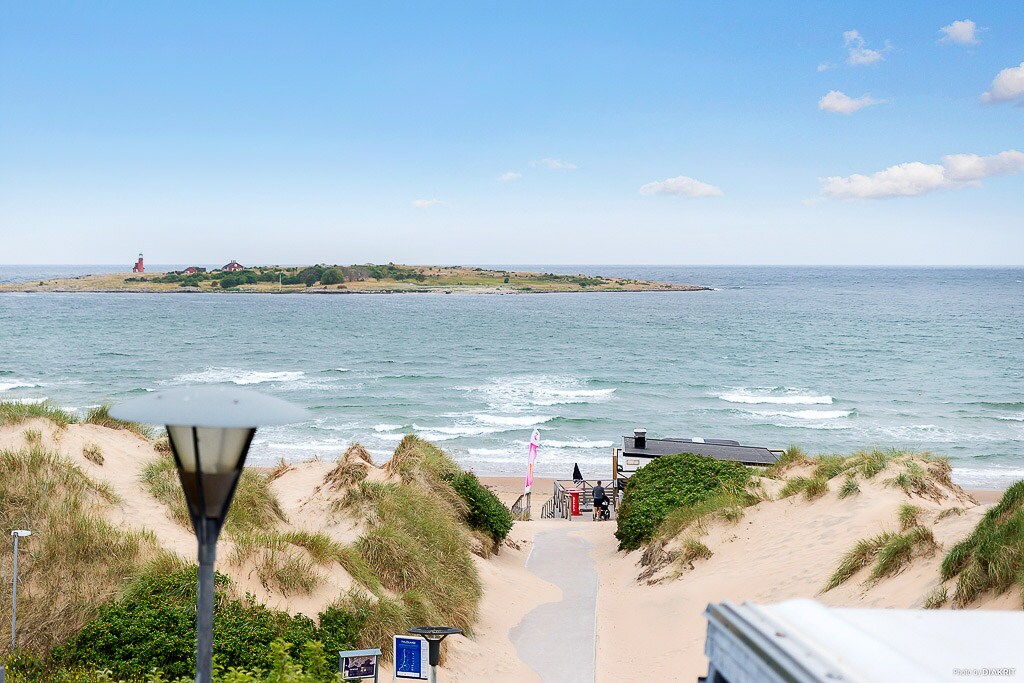 A scenic view of the coastline stretches before the camera, showcasing gentle waves lapping against the sandy shore. The image captures the tranquil sea, with distant land visible on the horizon, framed by sand dunes and greenery along a path leading to the beach.