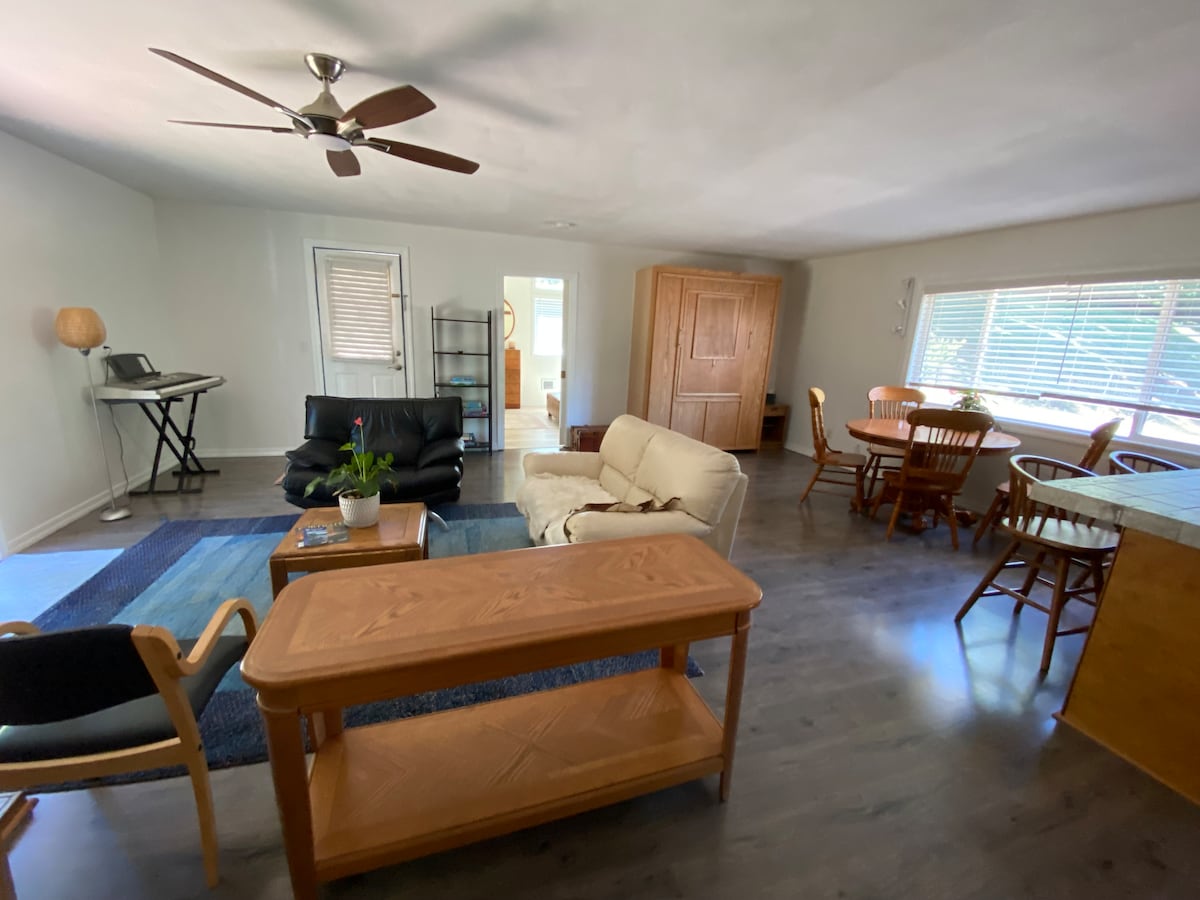 An open living space features a seating area with a sofa and a chair, complemented by a wooden coffee table. A dining table with chairs is positioned near a window, allowing natural light to fill the room. A ceiling fan is prominently visible.