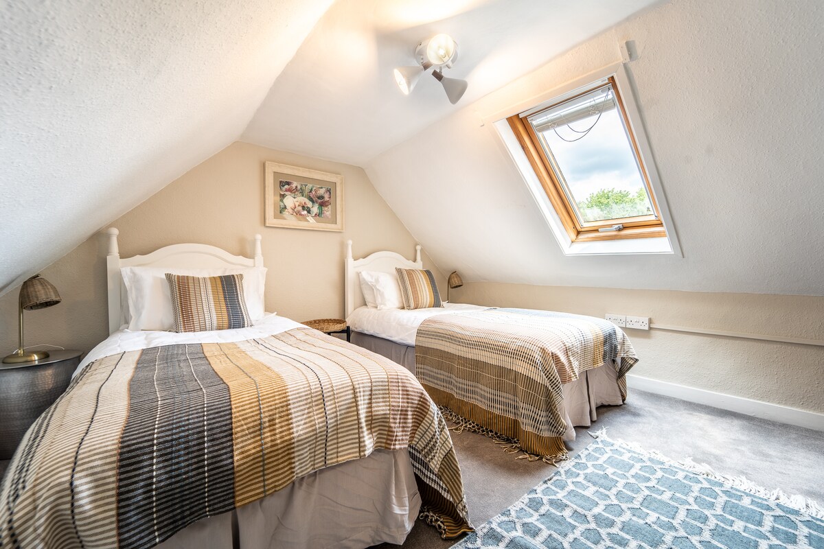 Მესამე საძინებელი 2 ერთადგილიანი საწოლითა და თხილამურის ხედით.