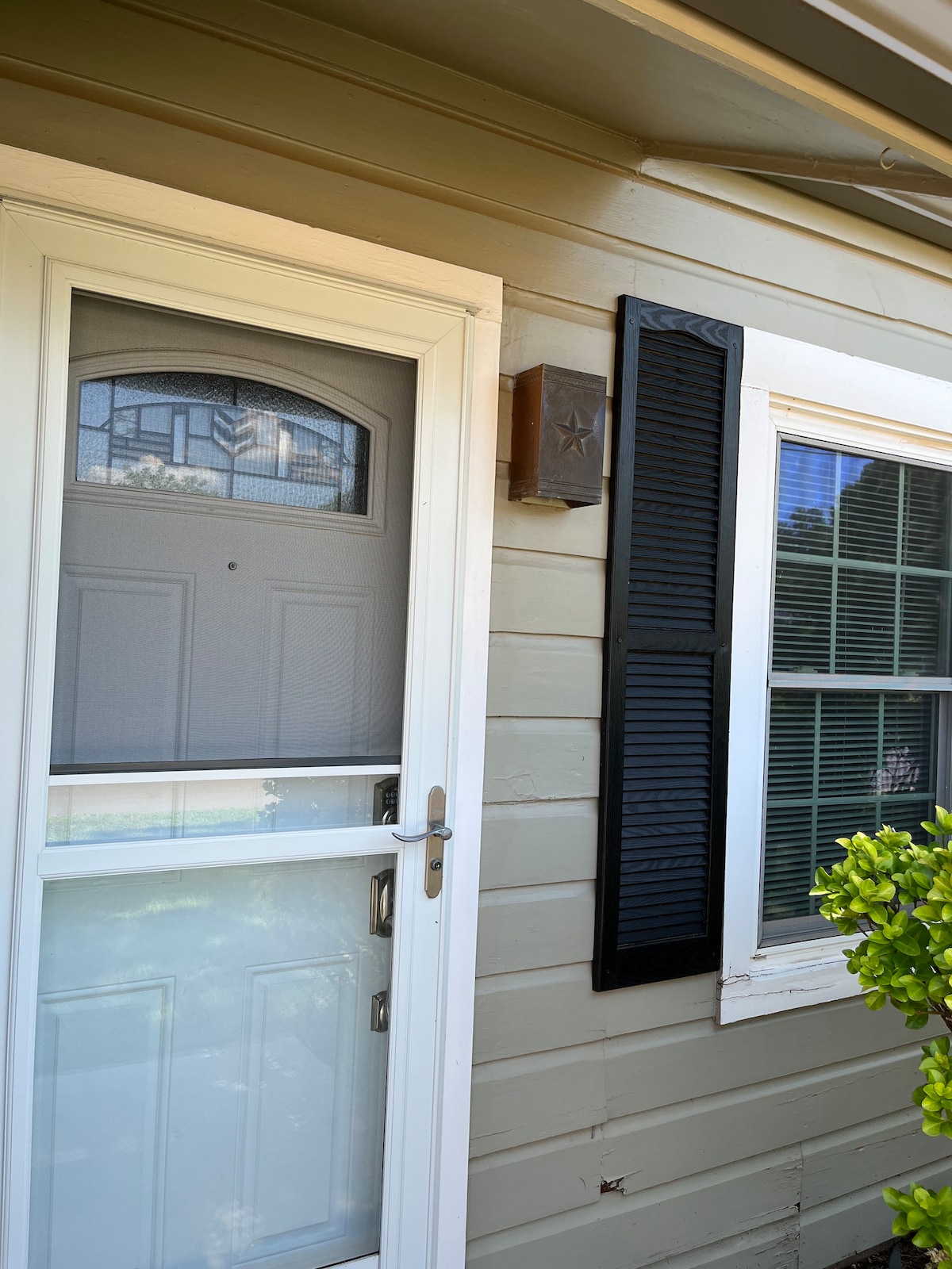 The entrance to the bungalow is visible, featuring a front door with an arched top and a screen door. A wall-mounted light fixture is next to the door, and a window with multiple panes displays dark shutters. A small green shrub is positioned near the entrance.