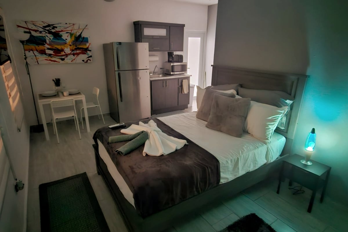 A modern studio is showcased with a spacious bed featuring neutral tones and plush pillows. A kitchenette with appliances and a dining table for two are visible, along with ambient lighting from a bedside lamp. Light-colored walls enhance the overall brightness of the room.