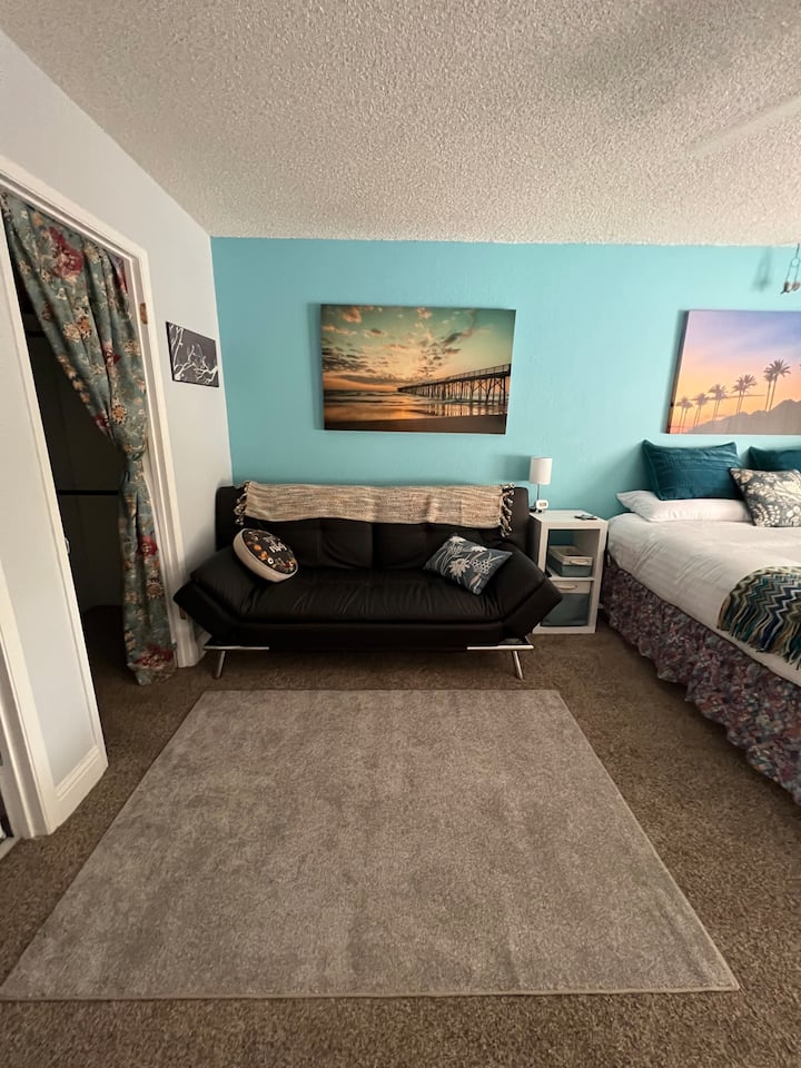 Sehemu ya kukaa iliyo na kitanda cha kochi kinachoweza kukunjwa