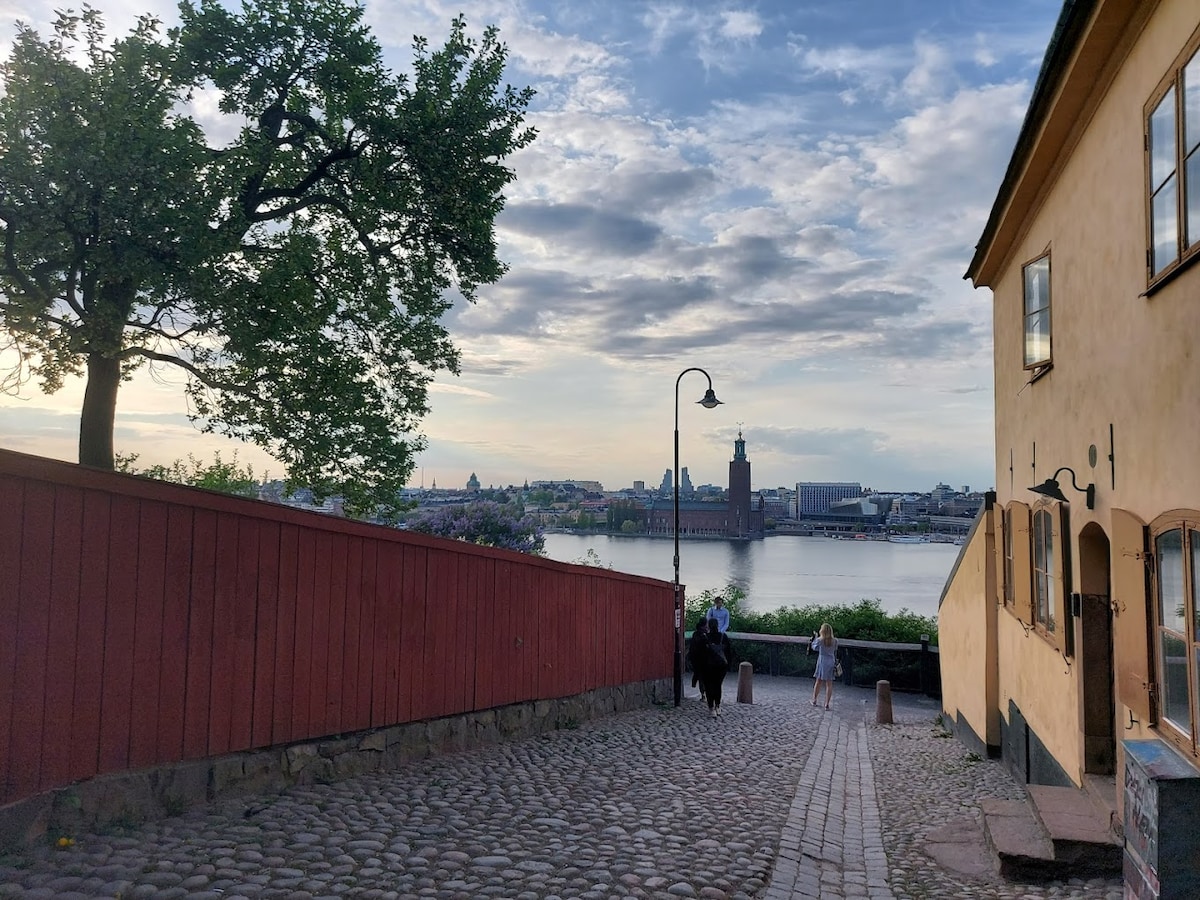 A narrow cobblestone pathway is flanked by a wooden red fence on one side and a charming yellow building on the other. The scene captures a waterfront view with historical architecture in the distance, while trees gently sway under a partly cloudy sky.
