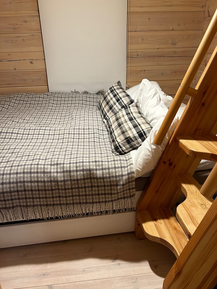 Საძინებელი ტელევიზორით, გასაშლელი გასაშლელი გასაშლელი დივანი ორი ადამიანისთვის და კიბე საძილე ლოფტამდე