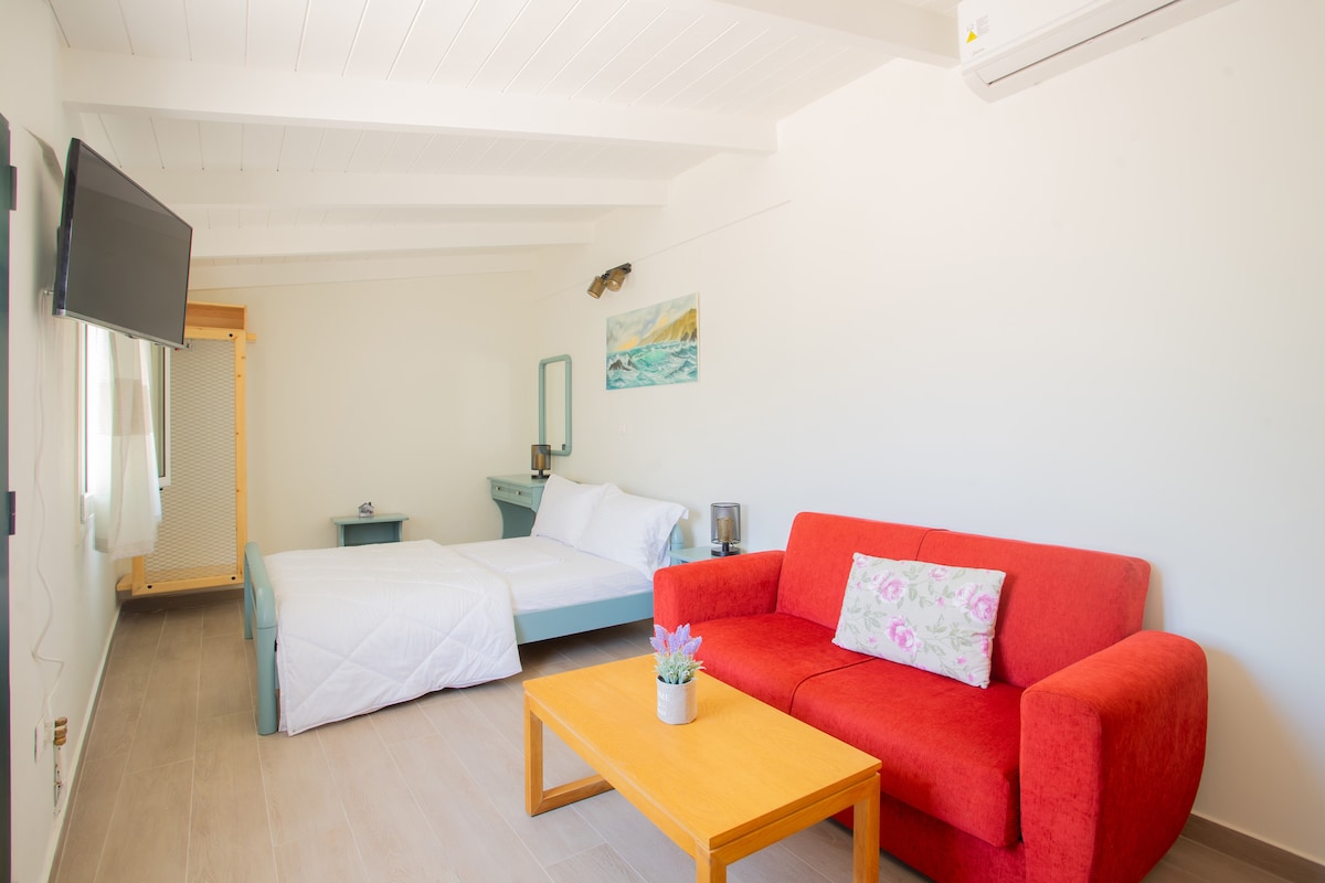 A bright, open living space features a red sofa, a wooden coffee table, and a television mounted on the wall. Two beds are positioned against a light wall, complemented by a small dresser and a mirror. Natural light enters through a window adorned with light curtains.