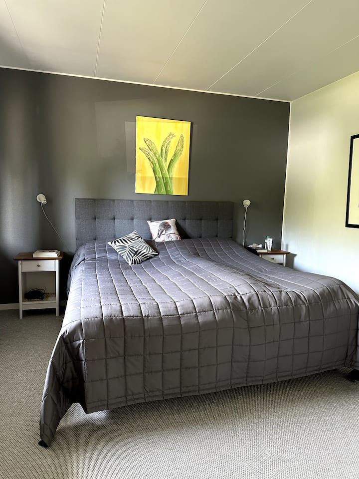 חדר שינה בקומה התחתונה/ כניסה עם מיטת קינג סייז אחת ושש מגירות לבגדים ופריטים אישיים.