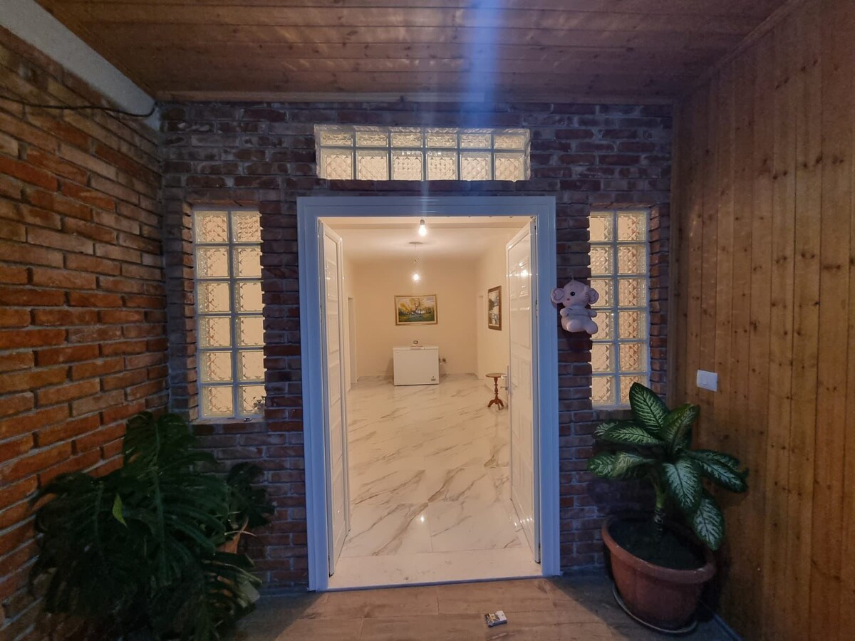 The entrance showcases a wooden door framed by textured brick walls. Light filters through glass block windows, illuminating a spacious hallway that leads to a bright living area. Potted plants are positioned on either side, adding a touch of greenery to the entryway.