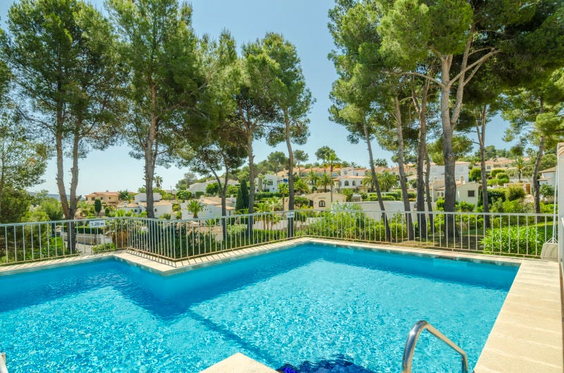 A communal swimming pool is set amidst tall pine trees, providing a serene environment. The clear blue water reflects the sunlight, while the surrounding greenery enhances the natural charm. The pool area is enclosed by a simple white railing, offering an inviting space for relaxation.