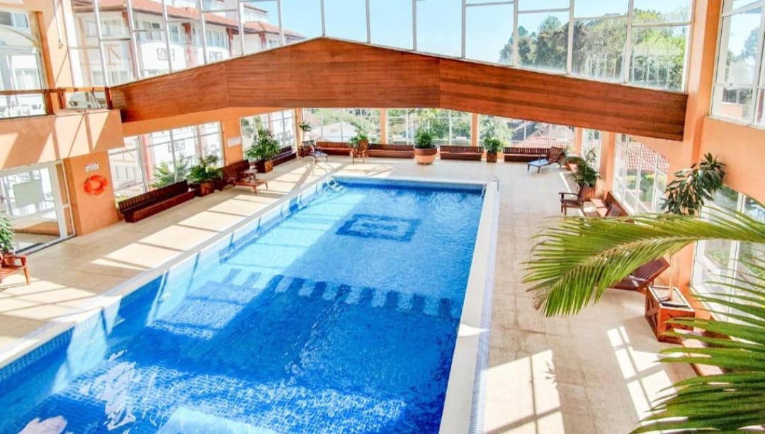 An indoor swimming pool is featured, surrounded by expansive glass windows that allow natural light to fill the space. Potted plants add greenery to the area, and wooden seating is available for relaxation. The pool's clear water reflects the overhead beams and serene atmosphere.