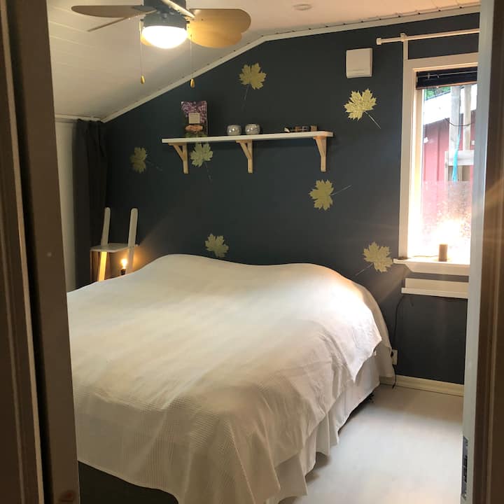 En dubbelsäng 160 cm. Sidan närmst fönstret är lite mjukare än den mot garderoberna till. 