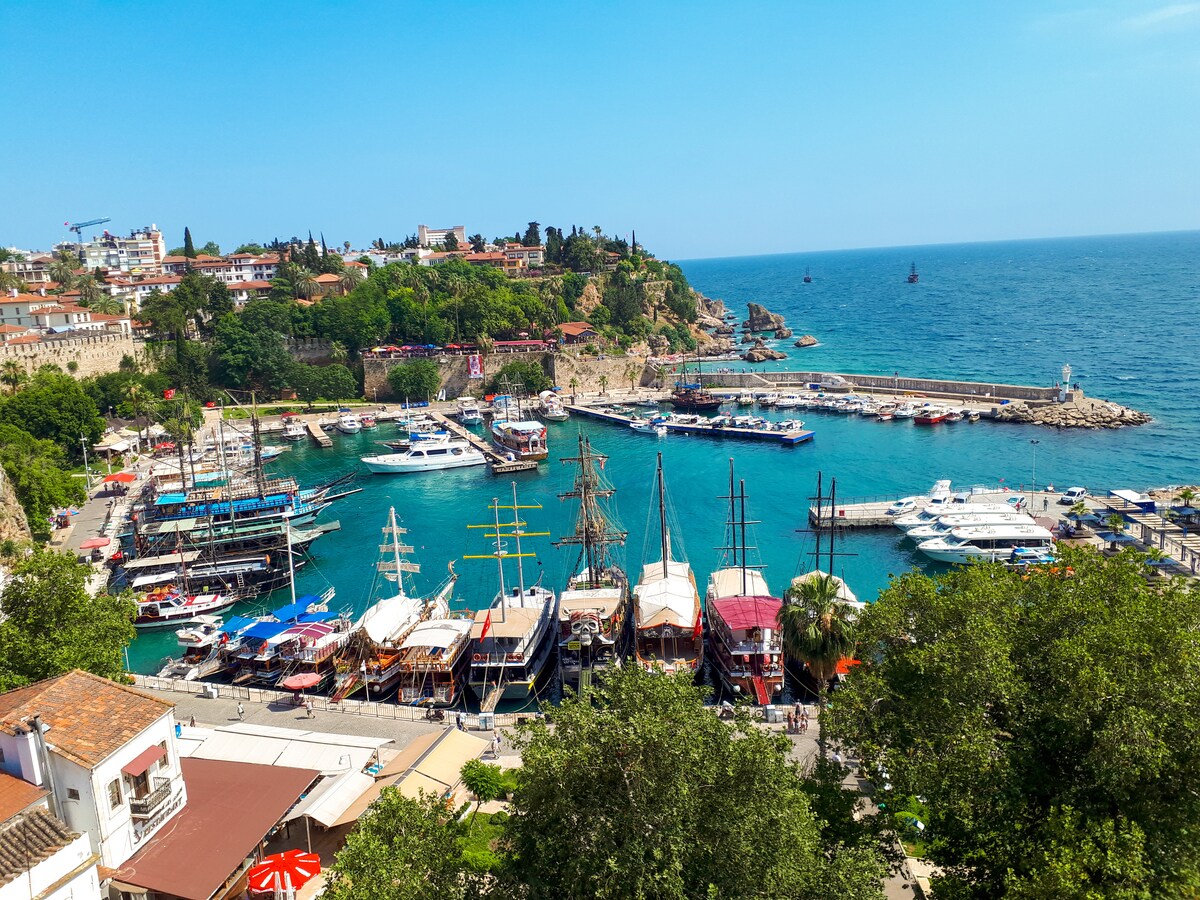 A scenic view of a marina with various boats docked, surrounded by lush greenery and coastal hills. The clear blue sea reflects the sunny sky. Nearby buildings display a mix of architecture, while the atmosphere conveys a lively yet relaxed seaside setting.