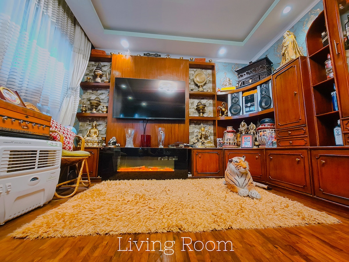 The living room features wooden cabinets adorned with decorative items and a flat-screen TV mounted above a modern electric fireplace. A soft, plush rug covers the floor, while a cozy seating area invites relaxation, enhanced by natural light filtering through sheer curtains.