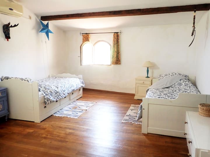 Сина спална соба, 2 или 3 единечни кревета, климатизирана