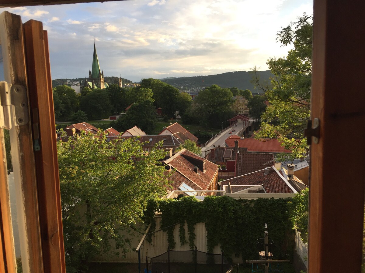 A view from the open window captures a charming landscape of rooftops and greenery. In the distance, a church spire rises against the sky, surrounded by trees and gentle hills. The scene highlights a tranquil neighborhood atmosphere.