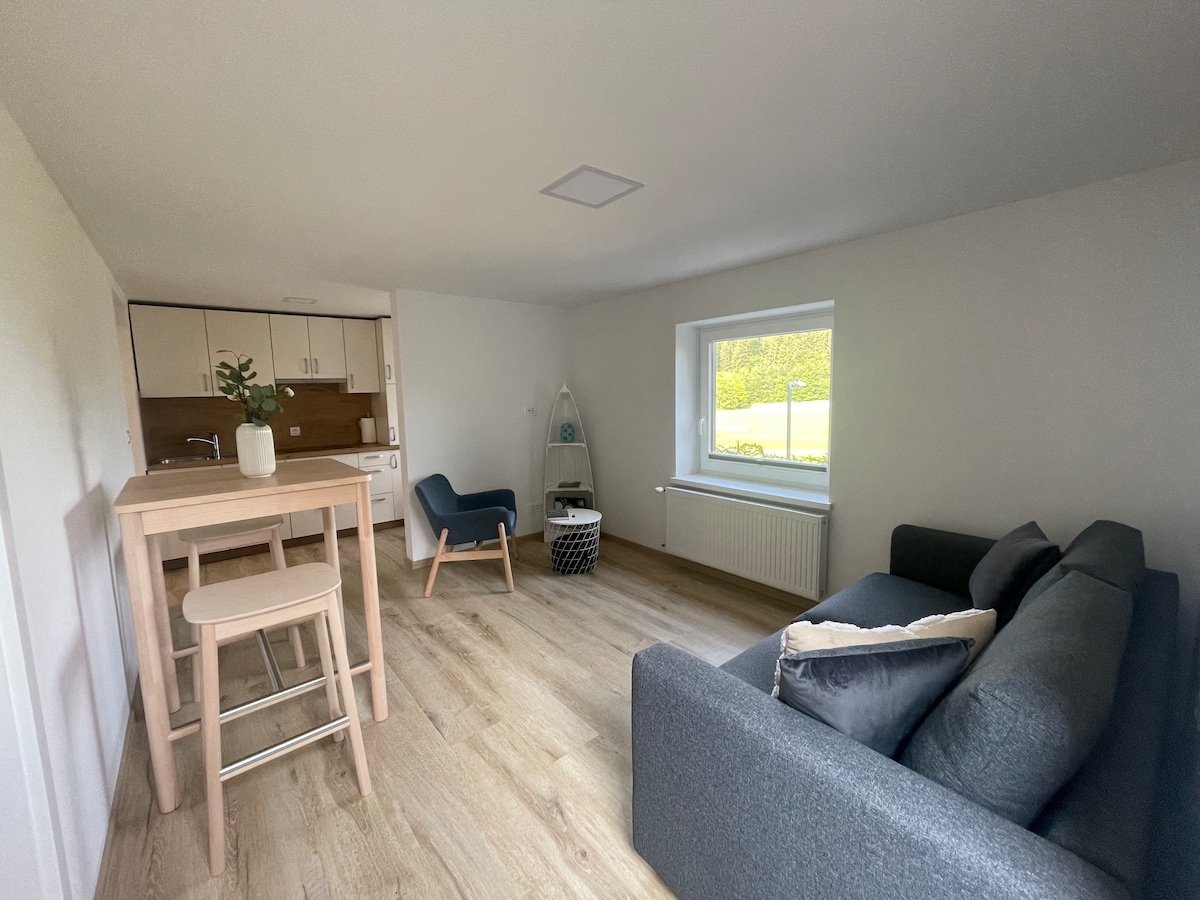 A cozy living space is presented, featuring a dark sofa and a small dining table with high stools. A comfortable armchair is positioned nearby. Natural light enters through a window, illuminating the wooden floor and creating a welcoming atmosphere.