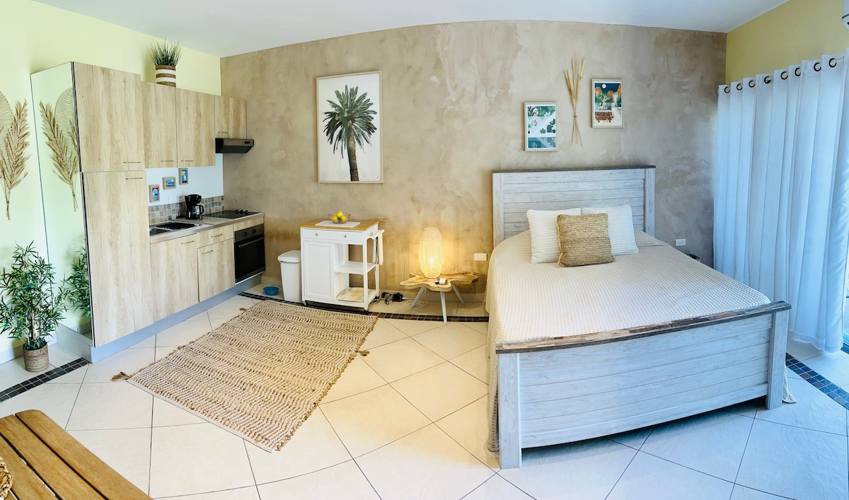 A spacious studio is highlighted by natural light illuminating the neutral-toned walls. A queen bed is centered in the room, accompanied by a light-colored accent pillow. The kitchen area features wood cabinetry and modern appliances, while a simple, textured rug adds warmth to the tiled floor.