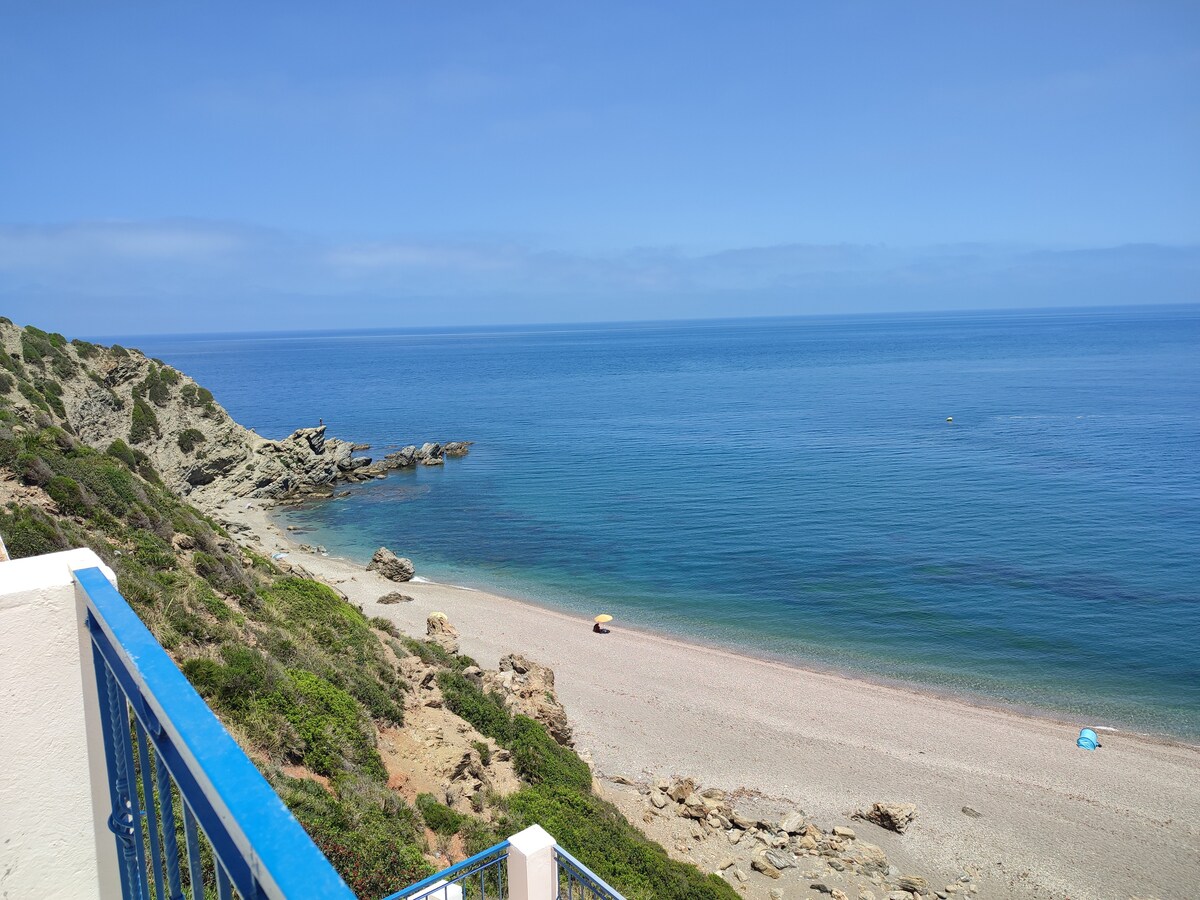 A serene beach scene is visible, featuring soft sandy shores meeting calm blue waters. The gentle curve of the coastline is lined with greenery, while a solitary umbrella can be seen on the beach, providing shade in the clear sky.