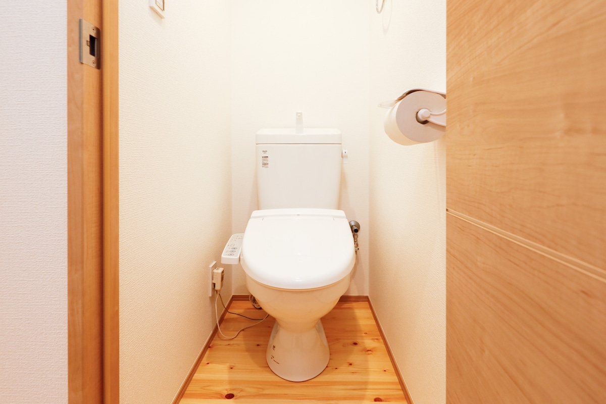 A compact restroom features a modern toilet and a wall-mounted toilet paper holder. Light wood flooring enhances the minimalist design, while neutral-colored walls create an airy feel. The space is enclosed with a wooden door for privacy.