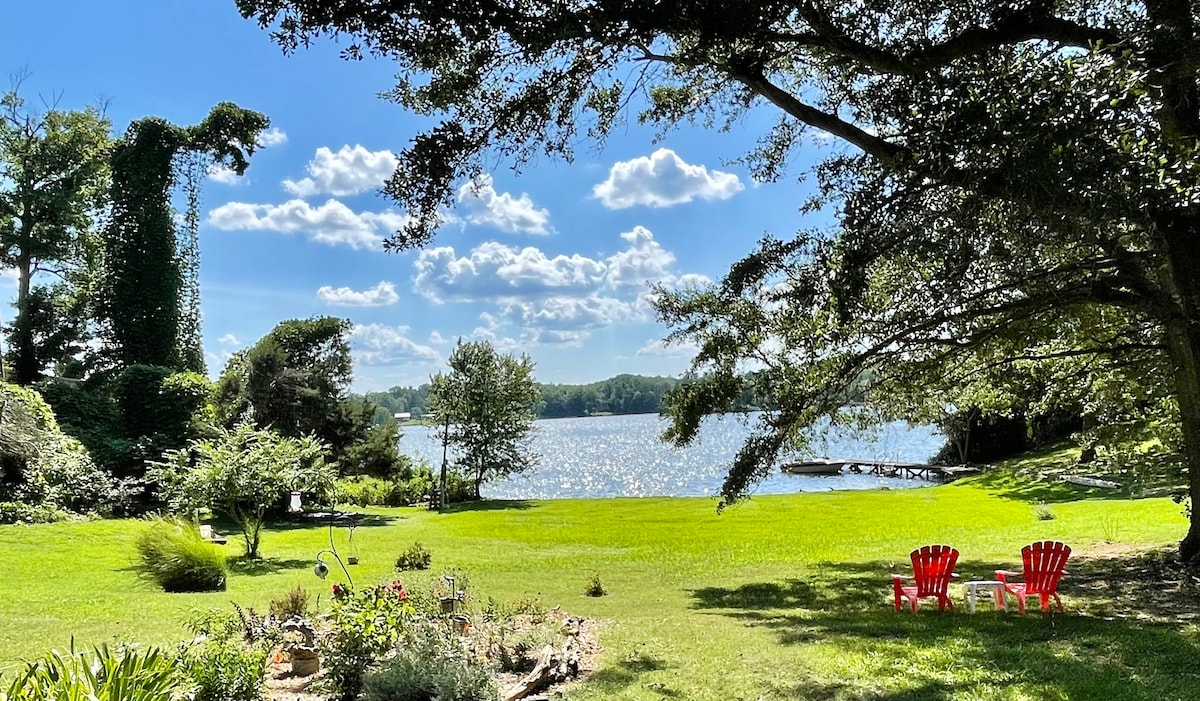 A serene waterfront view is presented, featuring a spacious lawn leading to the lake. Two red chairs are positioned for relaxing, while lush greenery encircles the area. A variety of trees and vibrant shrubbery provide a natural backdrop under a clear blue sky dotted with clouds.