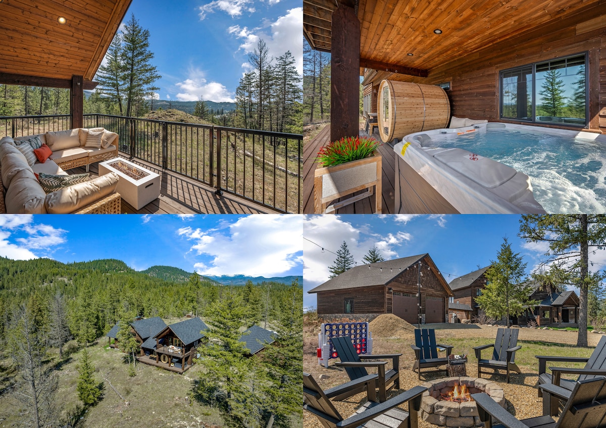 A spacious covered deck features comfortable seating and a fire table, offering scenic views of rolling hills and trees. Nearby, a hot tub sits on a lower level, surrounded by wood siding, inviting relaxation and enjoyment of the natural surroundings.