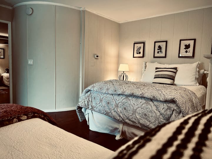 Chumba cha kulala cha ghorofa ya kwanza cha Queen & Twin kinalala watu watatu. Ina chaja za simu zisizo na waya, milango ya kioo inayoteleza inayoongoza kwenye swing ya wanandoa (Nice :) , na iko mbali na eneo la kusoma la ghorofa ya kwanza na HDTV, kitanda cha Queen sofa w/godoro la povu na kitanda cha mchana