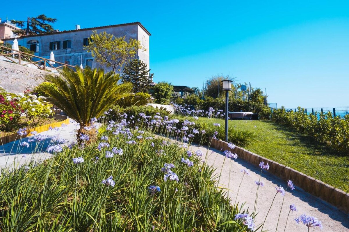 A well-maintained garden features vibrant flowers and greenery, winding pathways, and a gently sloping lawn. Palm trees and flowering plants create a lively atmosphere, while a clear blue sky serves as a backdrop, enhancing the serene environment surrounding the property.