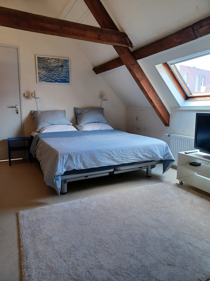 سرير مزدوج مع مقعد ومطبخ صغير وثلاجة صغيرة.