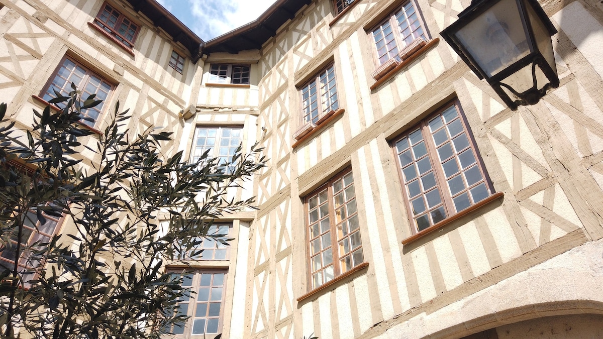 The image showcases the exterior of a traditional building characterized by timber framing and light-colored plaster. Multiple windows are seen with wooden frames and distinctive grids. A leafy plant is visible in the foreground, adding to the architectural charm.