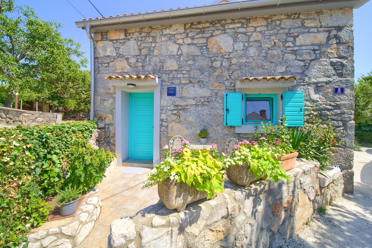 A charming stone house is visible, featuring bright blue shutters and a welcoming entrance. Potted plants with vibrant greenery and flowers are placed beside the door, enhancing the courtyard's natural beauty. The surrounding area is lightly shaded by trees in a peaceful setting.
