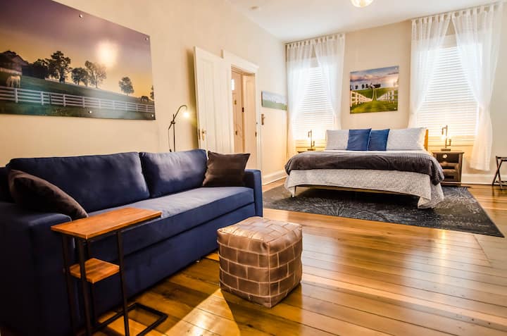 La chambre principale spacieuse en bas.  Lit King Size, canapé-lit, coin lecture... le tout dans un magnifique thème de campagne du Kentucky.