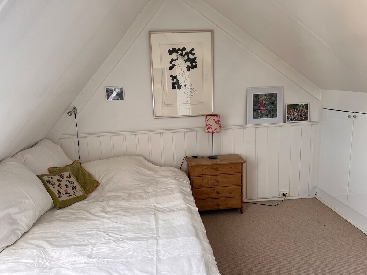 Prostrana i svijetla spavaća soba s bračnim krevetom u loftu. 