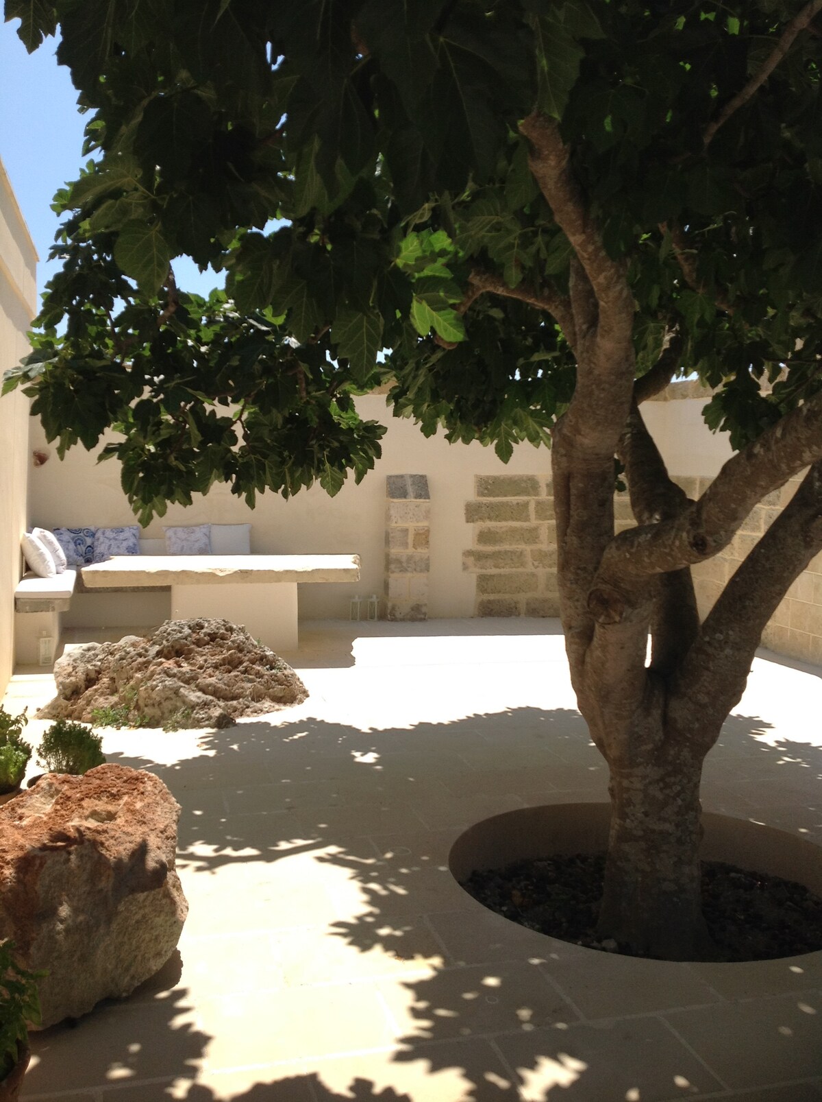 An outdoor space features a tree providing shade over a seating area. A low stone table sits on a light-colored tiled surface, surrounded by natural elements including rocks and potted plants. The surrounding walls ensure privacy in this tranquil retreat.