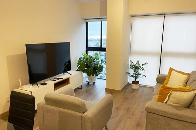 The living area features a modern layout with a large flat-screen TV mounted on the wall. A comfortable sofa with decorative cushions is paired with an armchair. Natural light filters in through the large windows, illuminating a potted plant placed nearby.