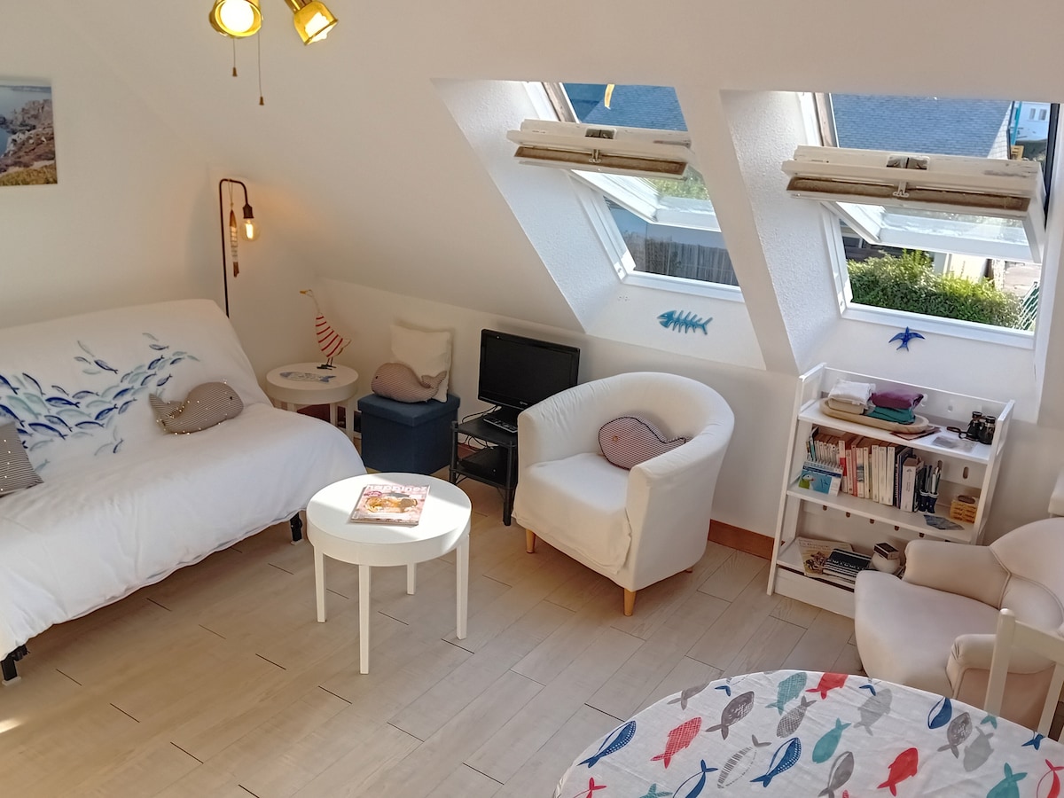 A bright living space features a convertible sofa with decorative cushions, two white armchairs, and a round table adorned with a fish-themed tablecloth. Skylights allow natural light to flood in, illuminating the room's minimalistic decor and providing a glimpse of the outdoor area.