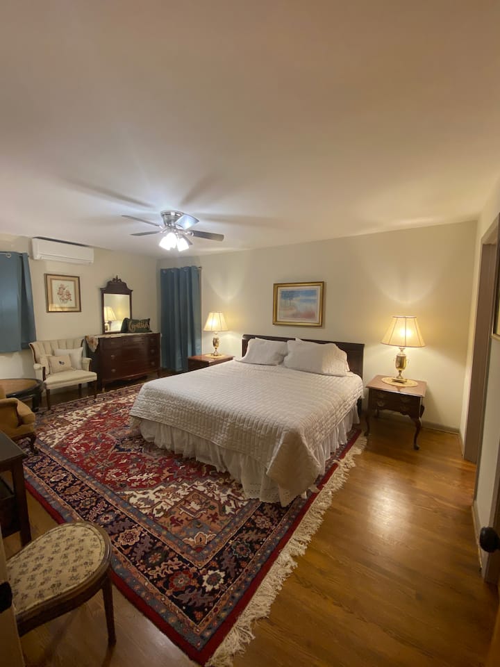 Master bedroom with king sized bed.