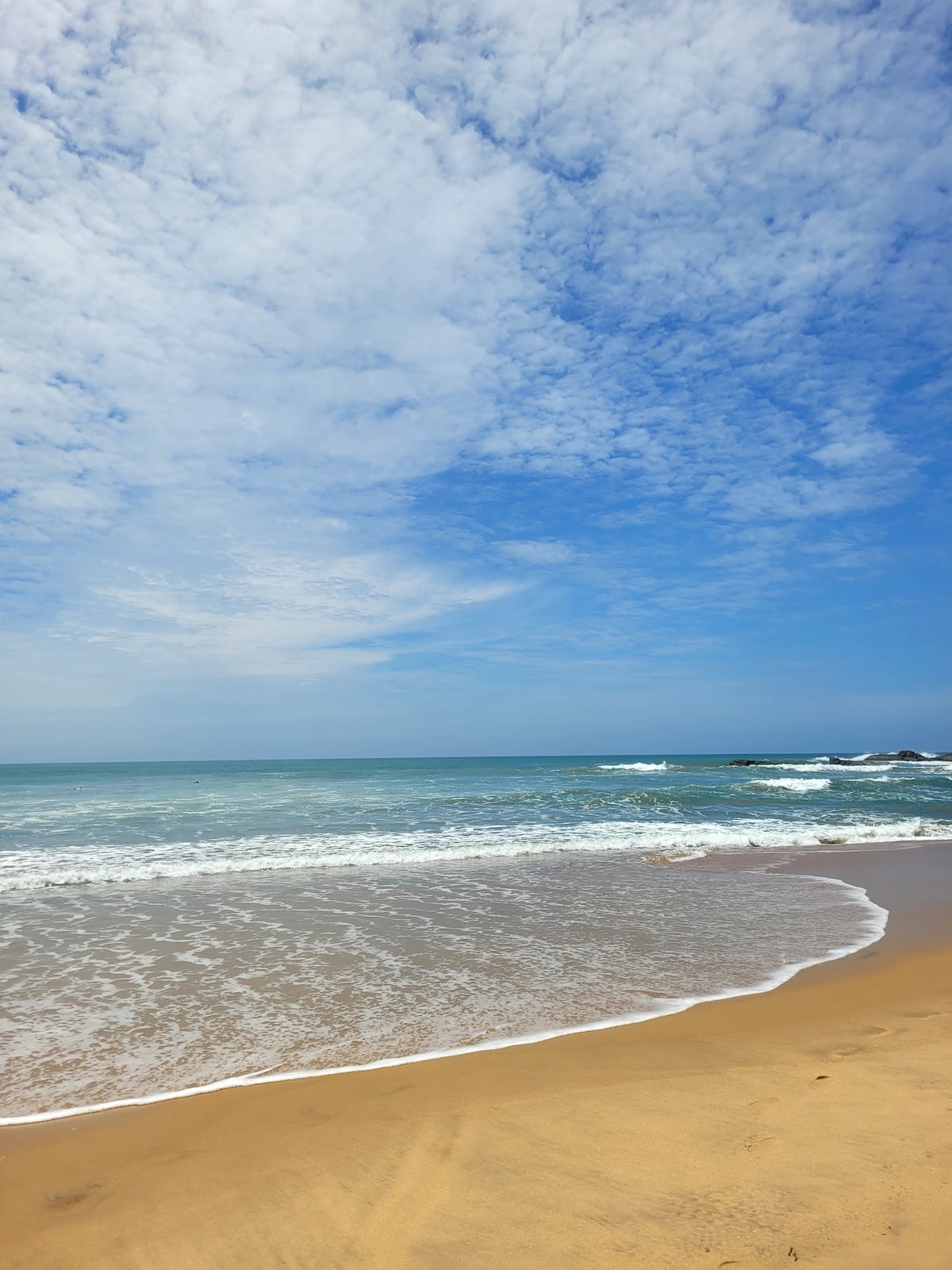 A serene beach scene features gentle waves lapping at a sandy shore under a vast sky, dotted with wispy clouds. The horizon showcases a blend of blue ocean and sky, inviting a sense of tranquility.