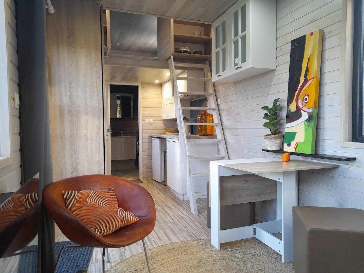 Interior of a tiny house showcases a compact living space, featuring a dining table, a stylish chair, and a kitchenette with modern appliances. A staircase leads to a sleeping area above. Natural light enters through large windows, highlighting the contemporary decor.