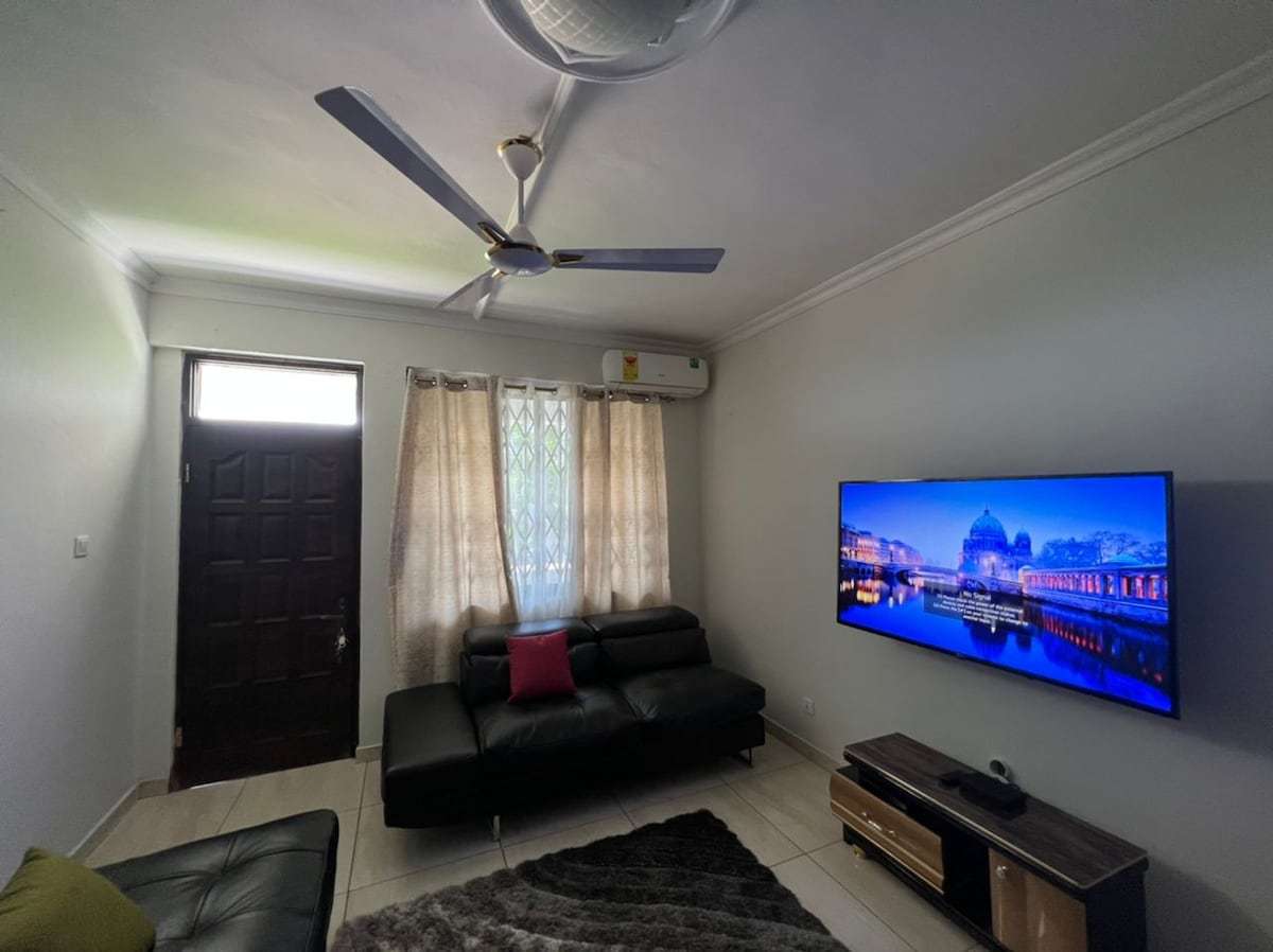 A living area features a sleek black sofa and a light-colored rug underfoot. A wall-mounted television is positioned opposite, while large windows are adorned with sheer curtains, allowing natural light to fill the room. A ceiling fan is centrally located above.