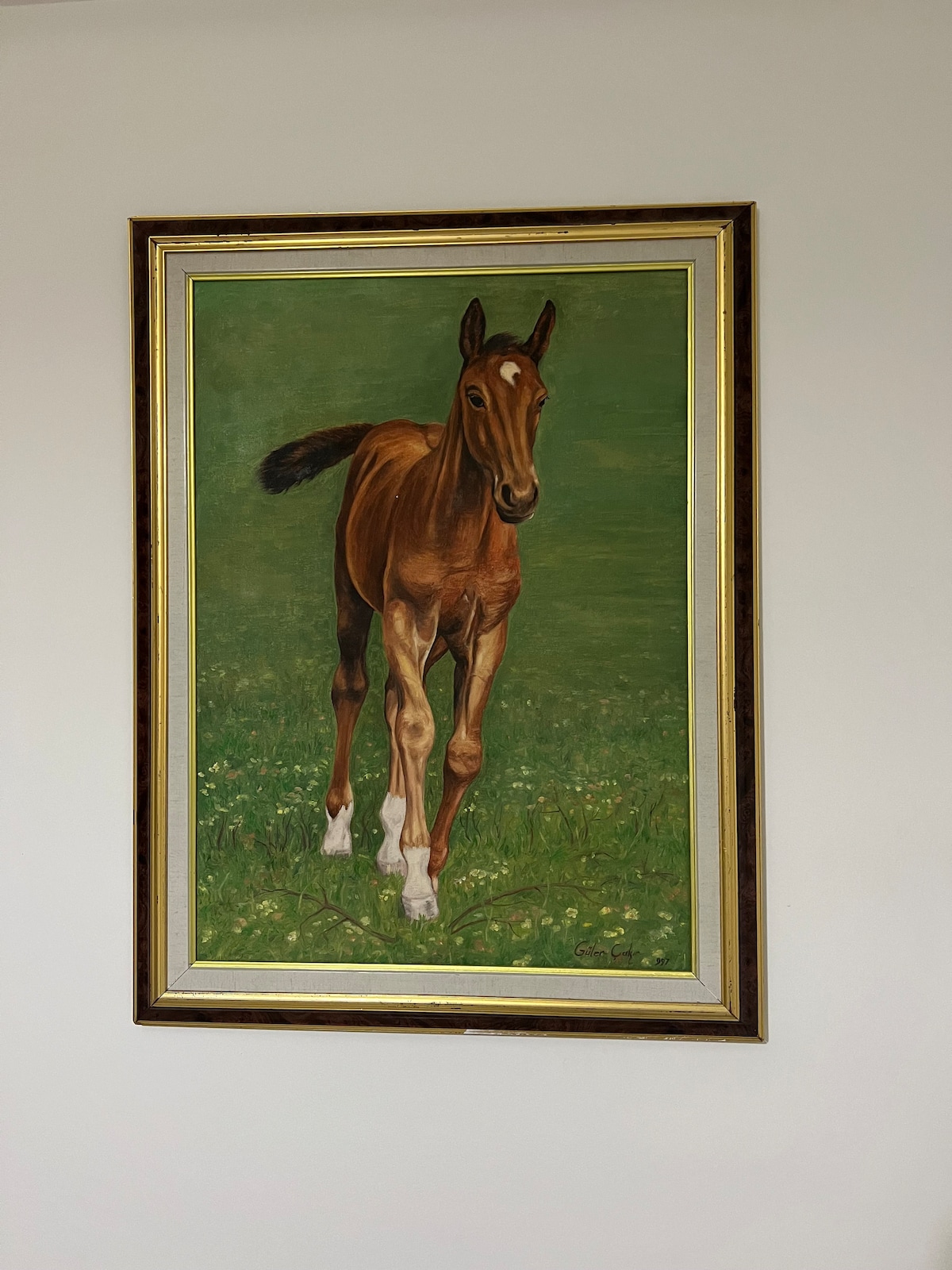 A framed artwork of a horse is displayed on a wall. The painting features a brown horse with white markings, set against a green background that suggests a grassy field. The frame is gold and dark wood, adding a classic touch to the room.
