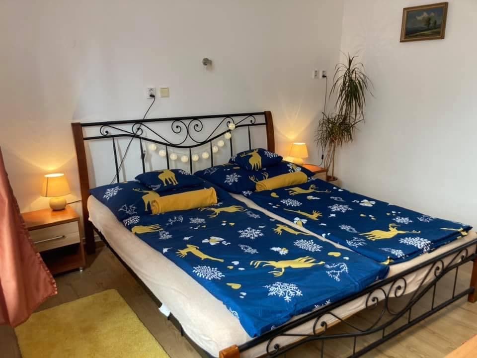 A spacious bed is adorned with a blue duvet featuring a pattern of winter motifs. Soft lighting from bedside lamps creates a warm ambiance, complemented by a small indoor plant in the corner. Light wood flooring and a yellow area rug are also visible.