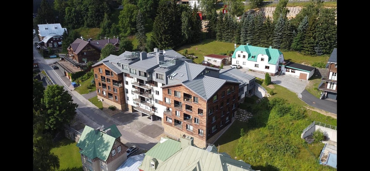 Aerial view of a multi-story building featuring a mix of brick and wooden panels. Surrounding greenery and nearby structures are visible, highlighting the tranquil setting. Streets and pathways can be seen, providing easy accessibility to the area.