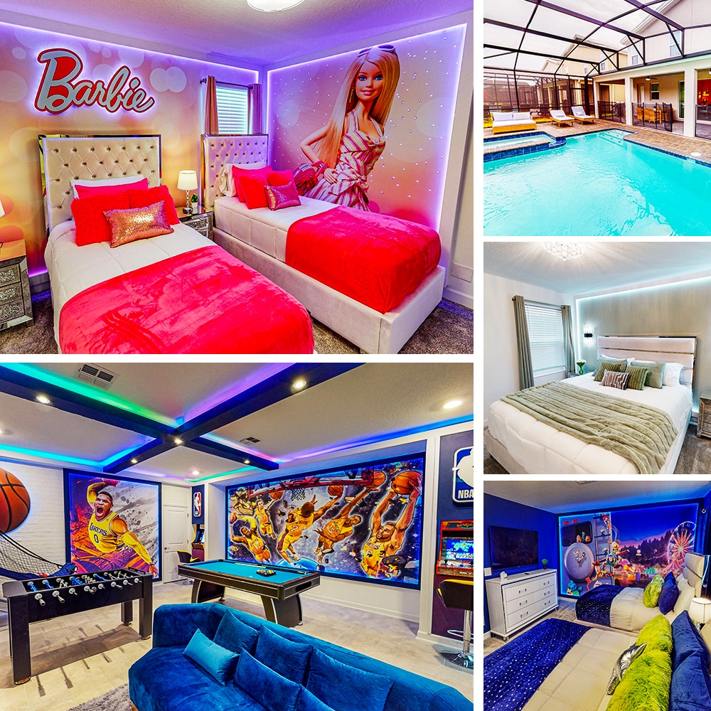 A vibrant themed room themed around Barbie showcases two spacious beds adorned with bright red accent pillows. The walls feature colorful artwork related to the theme. An outside view includes a private pool area with lounge chairs, enhancing the overall recreational appeal.