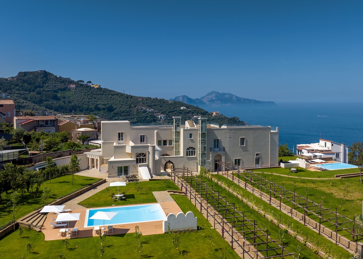 An aerial view showcases the Sirignano Estate, featuring expansive green lawns and a large pool surrounded by loungers. Nearby, rows of grapevines extend towards the horizon. The scenic coastline and hills create a serene backdrop for the elegant villa.
