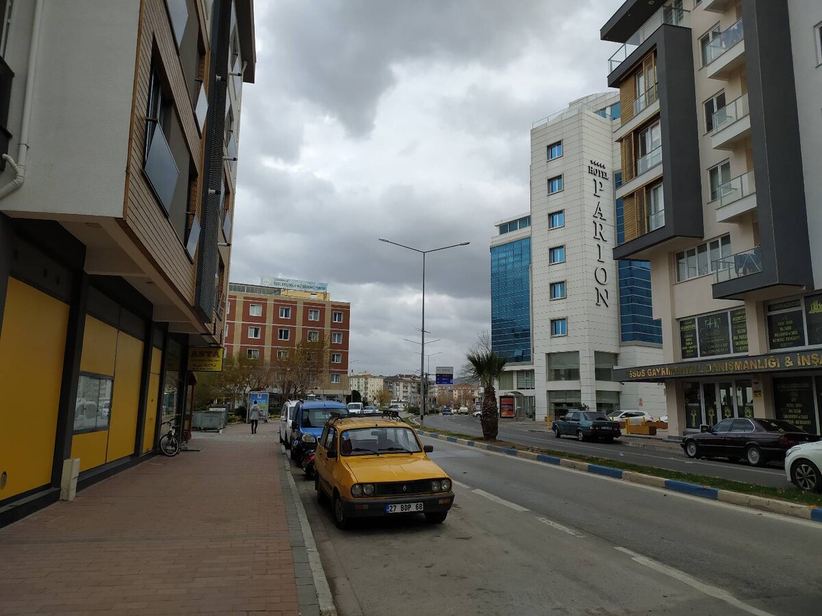 A view of a city street showcasing multistory buildings on each side. A line of parked cars, including a vintage yellow vehicle, is present along the paved sidewalk. Overcast skies loom above, adding a serene backdrop to the urban scene.