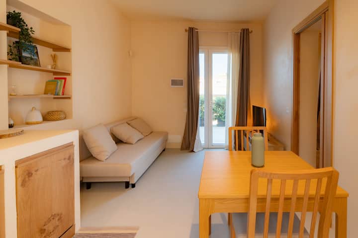 Kitchen, living room with sofa bed. 