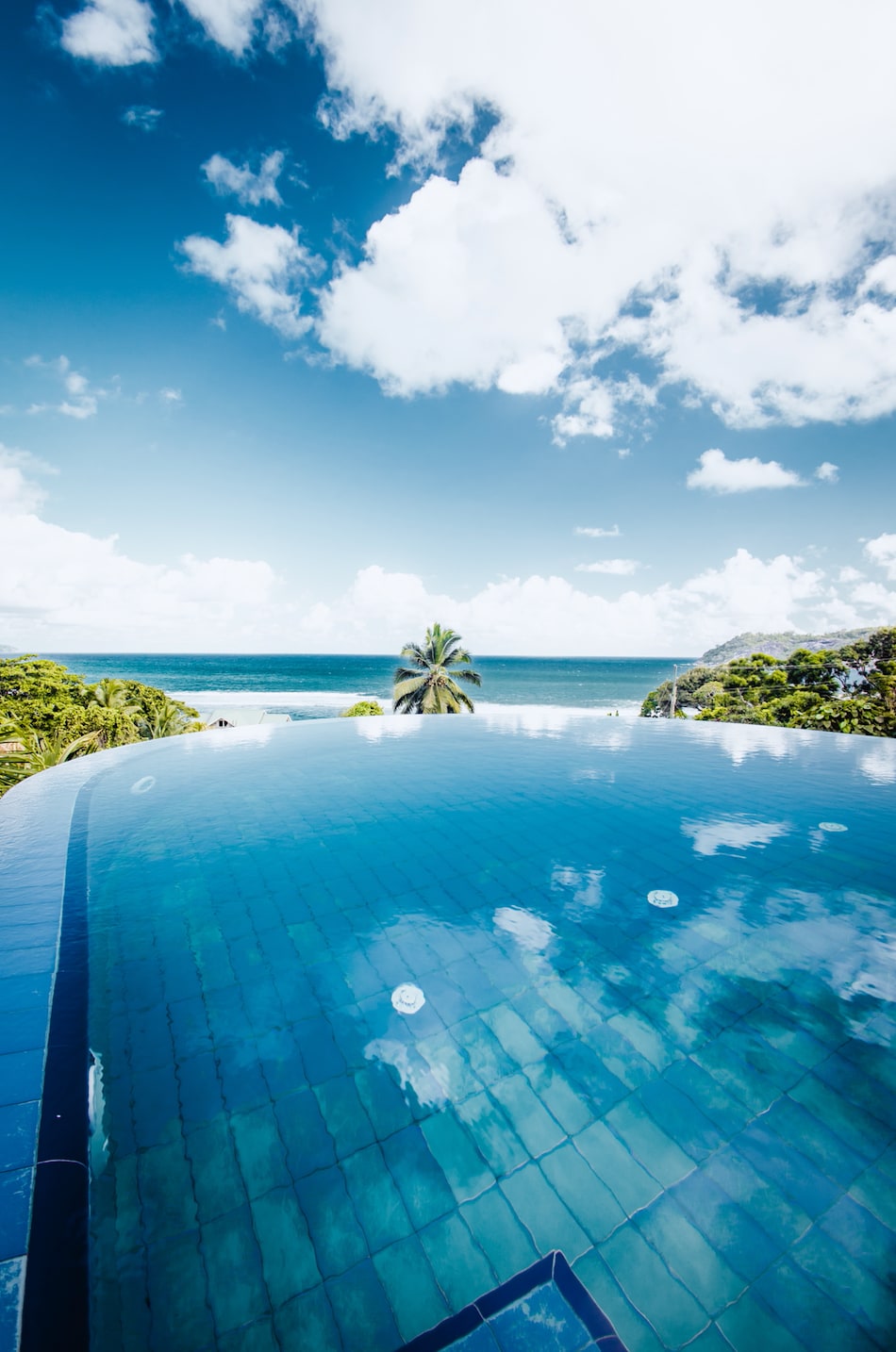 An infinity pool extends towards the horizon, reflecting the sky and ocean. Lush greenery surrounds the area, and a single palm tree is visible in the background, framed by a blue sky with scattered clouds.
