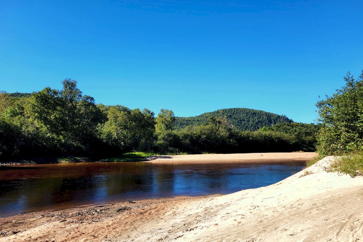 A serene river flows through a natural landscape, bordered by sandy banks and lush greenery. Gentle hills rise in the background, under a clear blue sky, providing a tranquil setting for outdoor activities. The water reflects the surrounding flora, contributing to the peaceful ambiance.