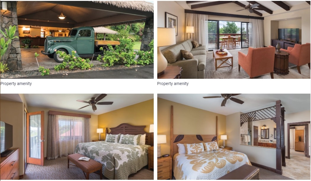 A vintage truck is positioned beneath a thatched roof carport, surrounded by lush greenery. Two comfortable seating areas with large windows allow natural light to fill the space, revealing a mix of cozy furniture and decorative accents.